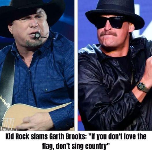 Kid Rock stirred controversy with a message aimed at Garth Brooks: “True country stars love the flag! You can’t sing country if you don’t stand by it. Country music is about heart, soul, and patriotism.”